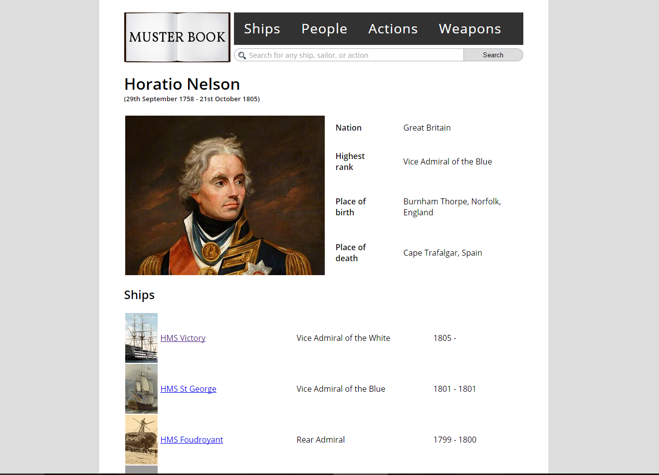 Horatio Nelson bio page